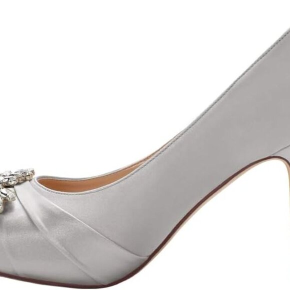 Peep Toe Mid Heel Shoes Satin Silver 6.5 Wedding Prom Evening Dress - Picture 2 of 6